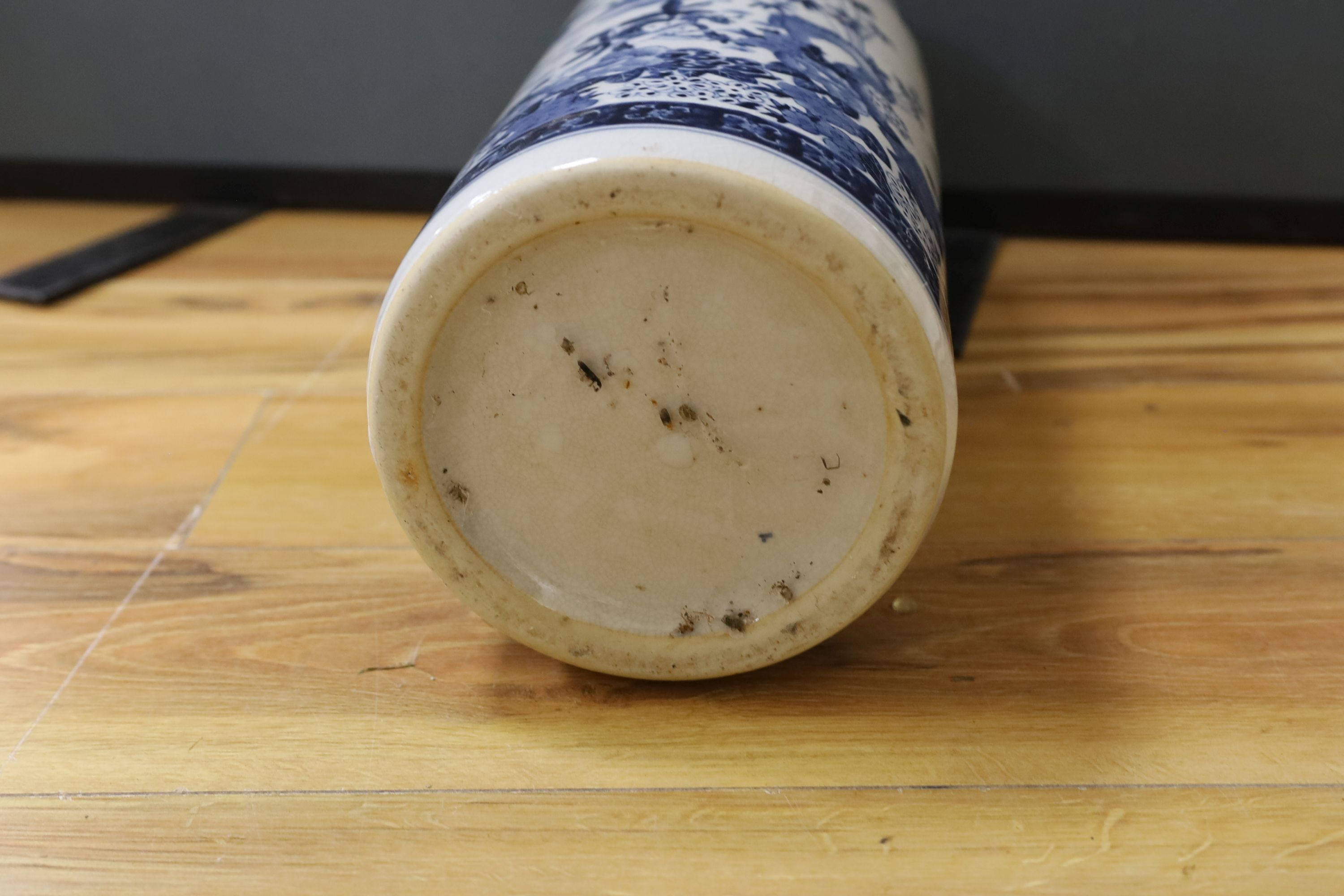 A Chinese blue and white cylindrical stick and umbrella stand, 44cm